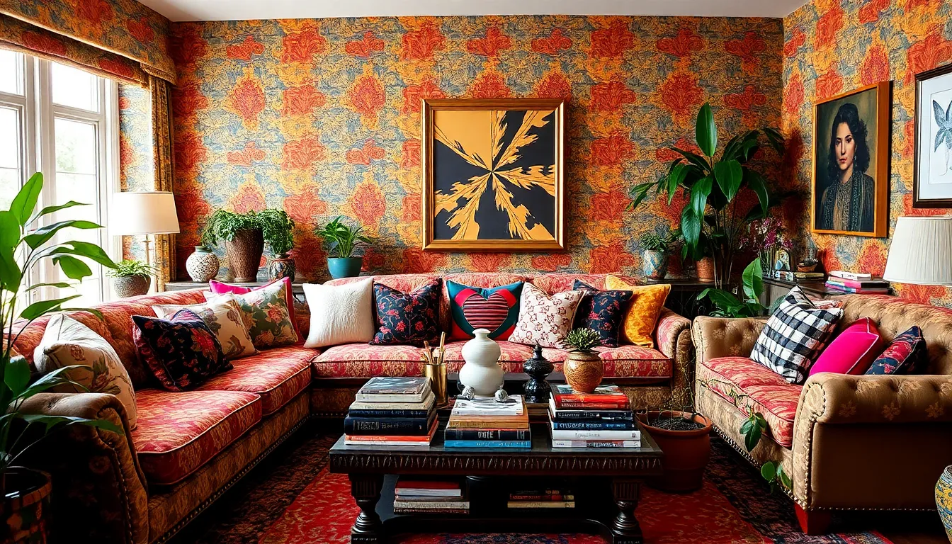 A vibrant living room featuring bold maximalist decor and eclectic furnishings.