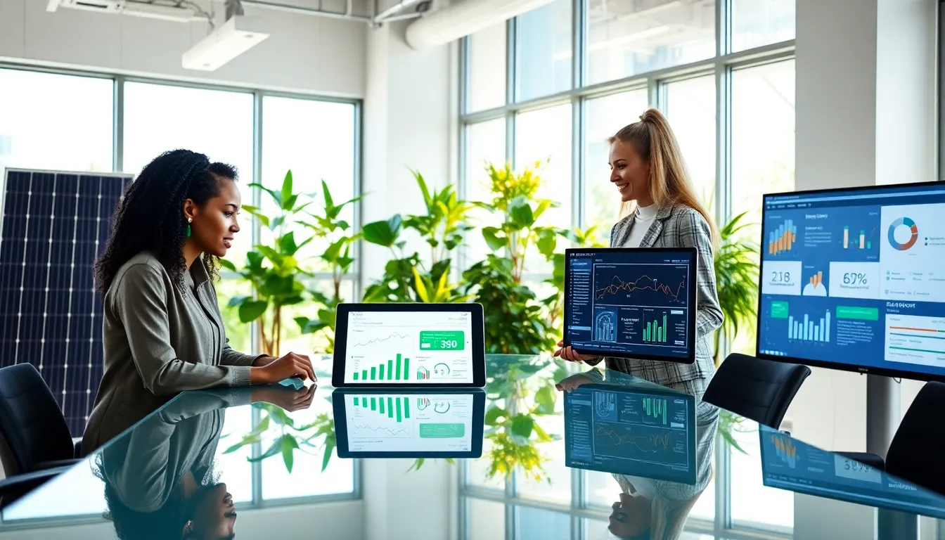 diverse team discussing renewable energy solutions in a modern office.