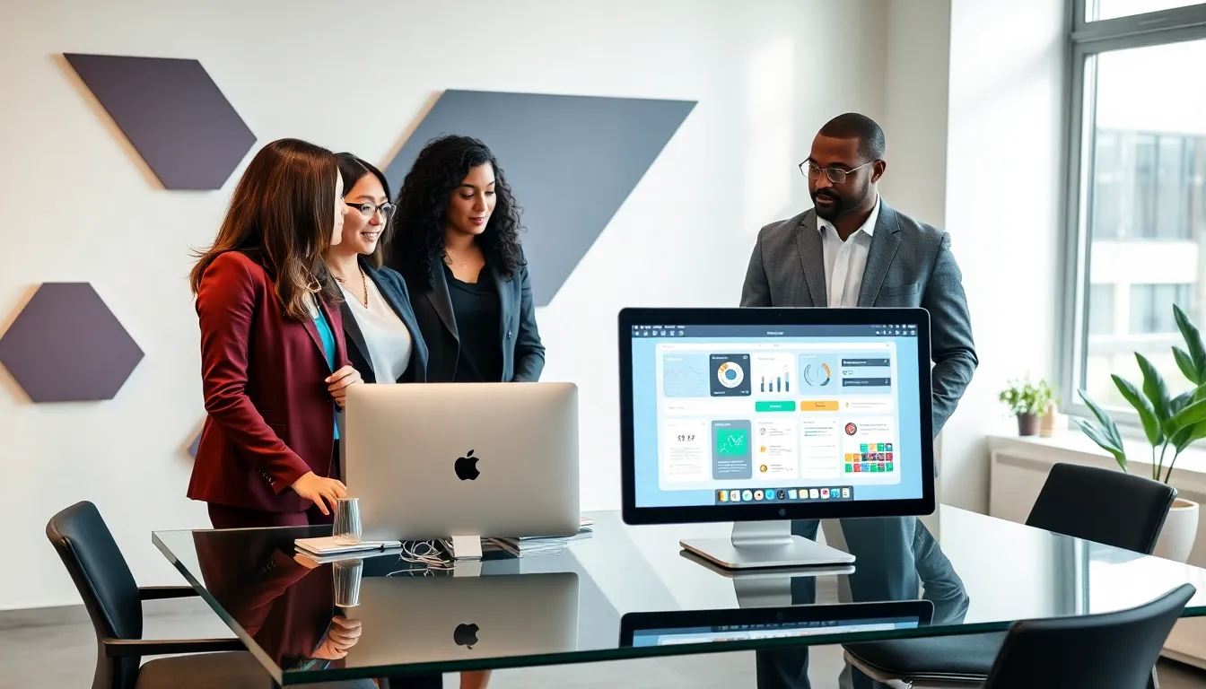 diverse team collaborating in a modern office on innovative technology.