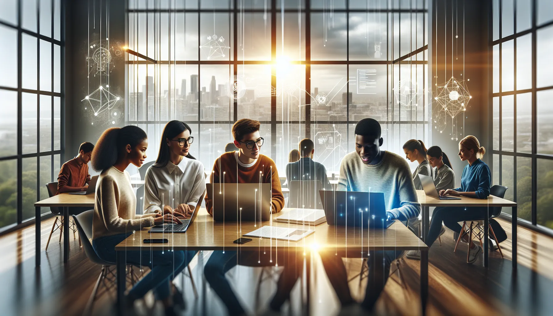 Diverse students collaborating in a modern classroom with technology.