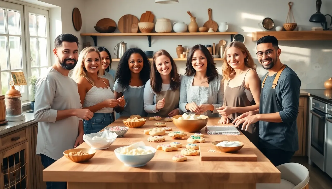 diverse friends baking cookies together in a sunny kitchen.