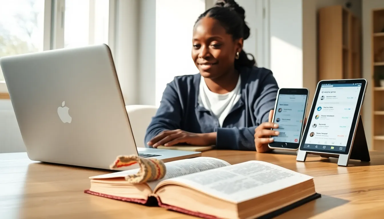 Person organizing synced bookmarks on laptop with phone, tablet, and fabric bookmark.