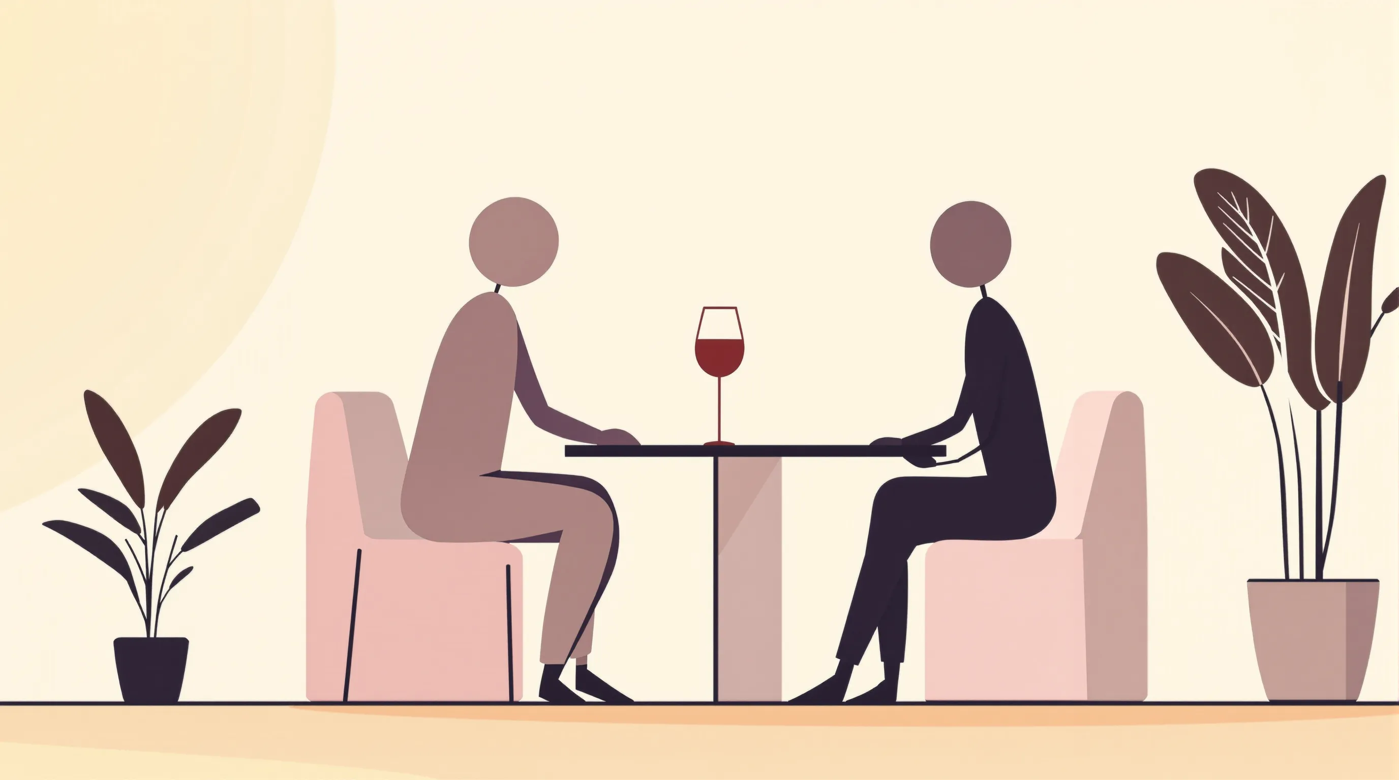 Two simple silhouettes seated at a table sharing wine in minimal flat style.
