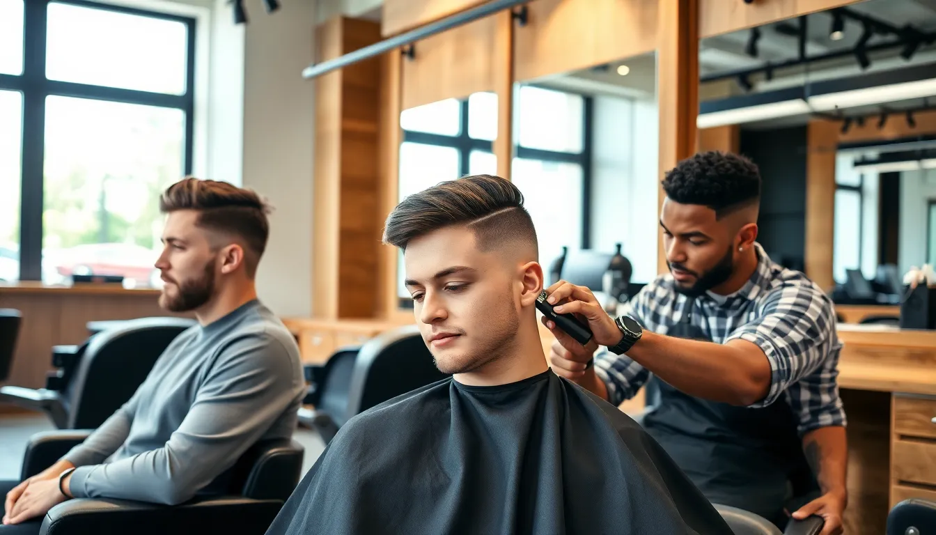 three young men in a barbershop getting mid fade taper haircuts.