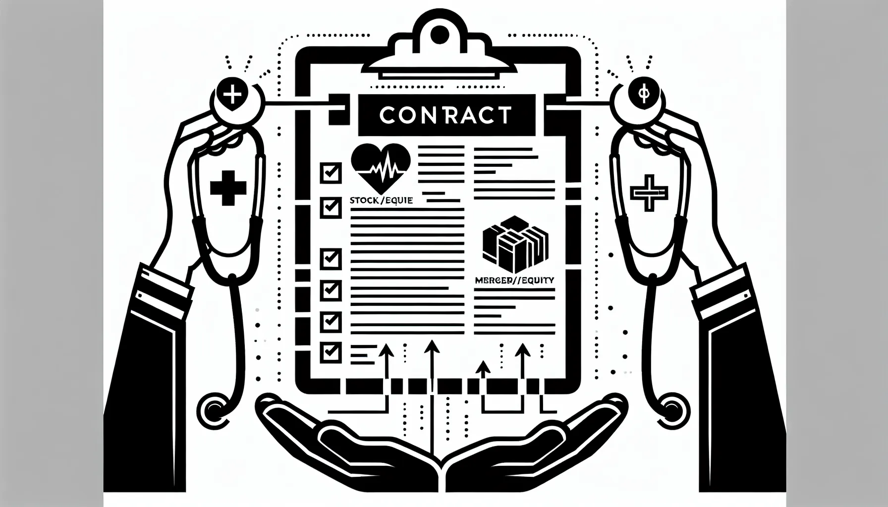 Central contract clipboard with three icons for asset, equity, and merger impacts.