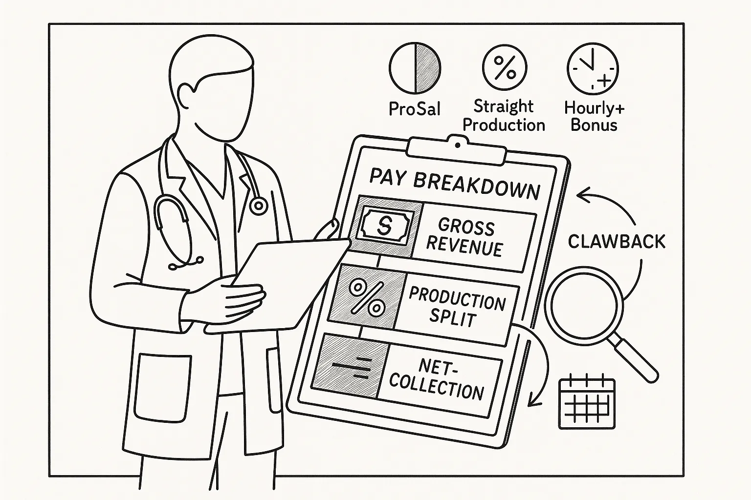 Veterinarian reviewing a clipboard showing pay breakdown, clawback, calendar.