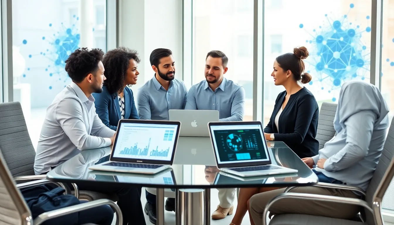 diverse professionals discussing data management in a modern office.