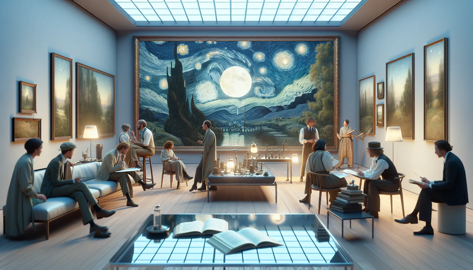 Diverse artists discussing sleep themes in a modern gallery setting.