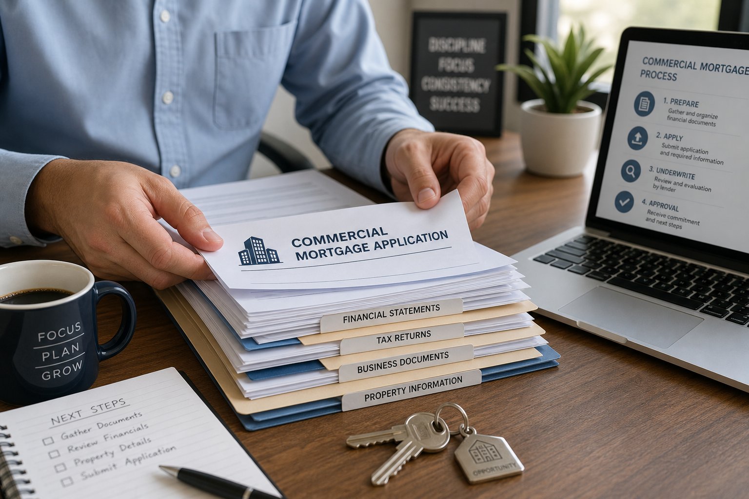 Hands arranging financial documents and keys during a commercial mortgage application.