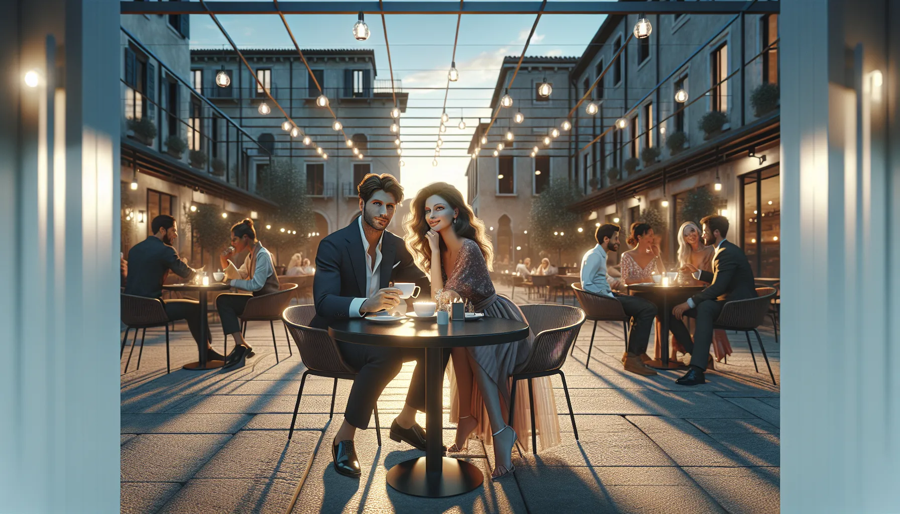 a diverse couple sharing a moment at a modern Italian café at dusk