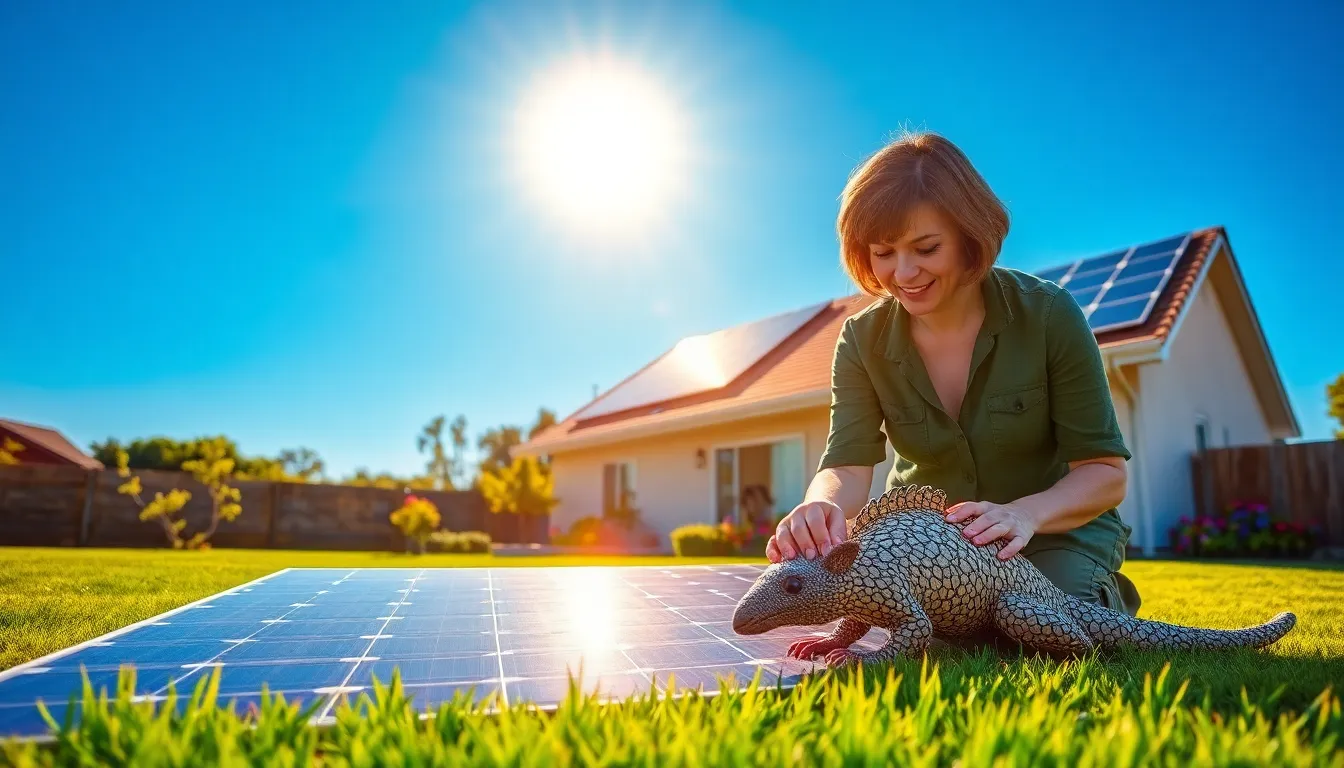 A woman installing solar panels in her backyard with a pangolin decoration.