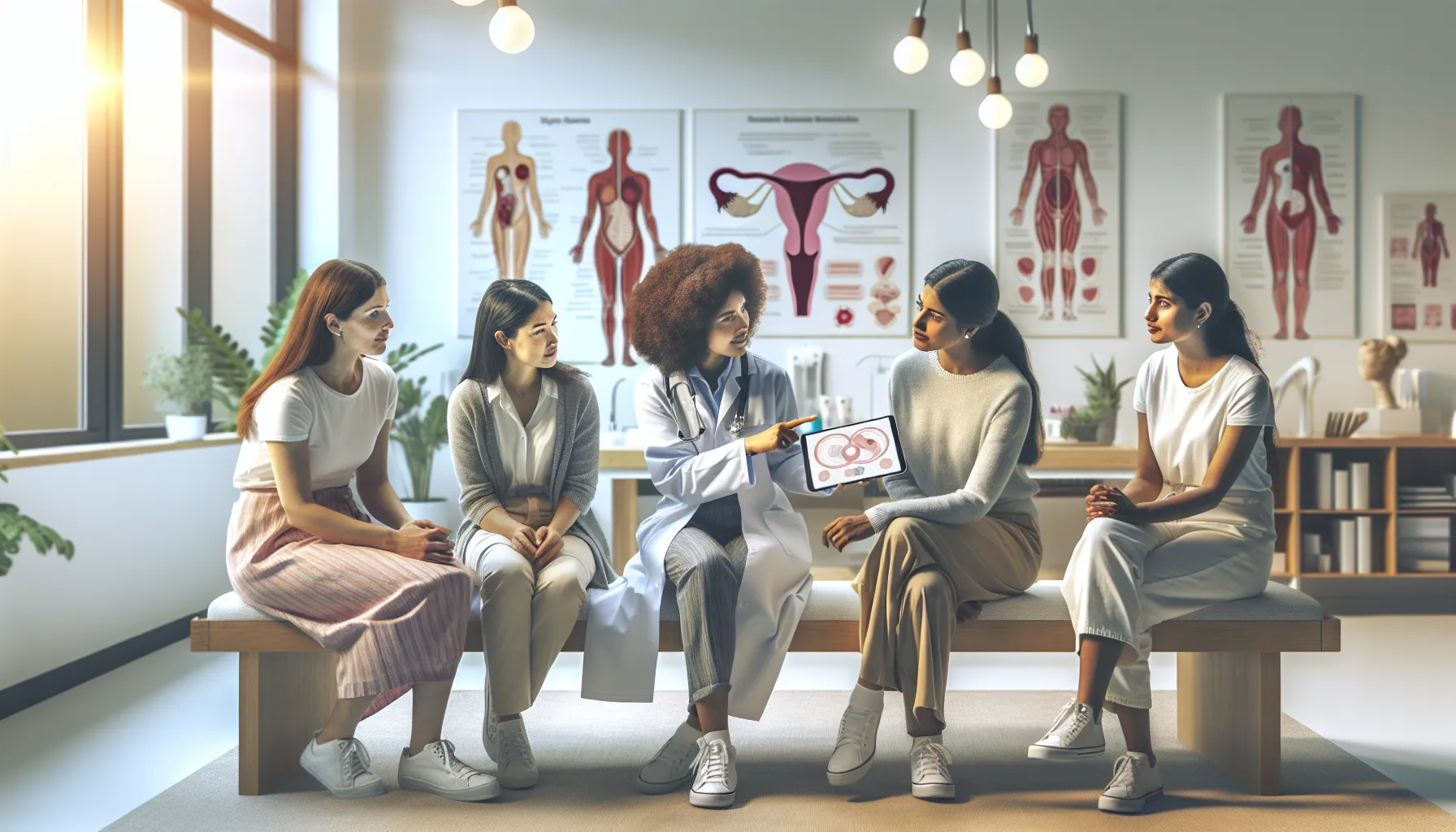 diverse women discussing menstrual health in a modern office.