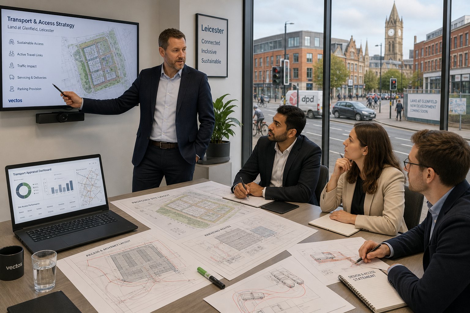 Traffic engineer reviewing Leicester development access and parking plans with project team.
