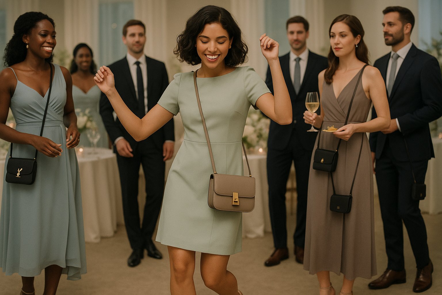Wedding guest dancing with a mini crossbody designer handbag.