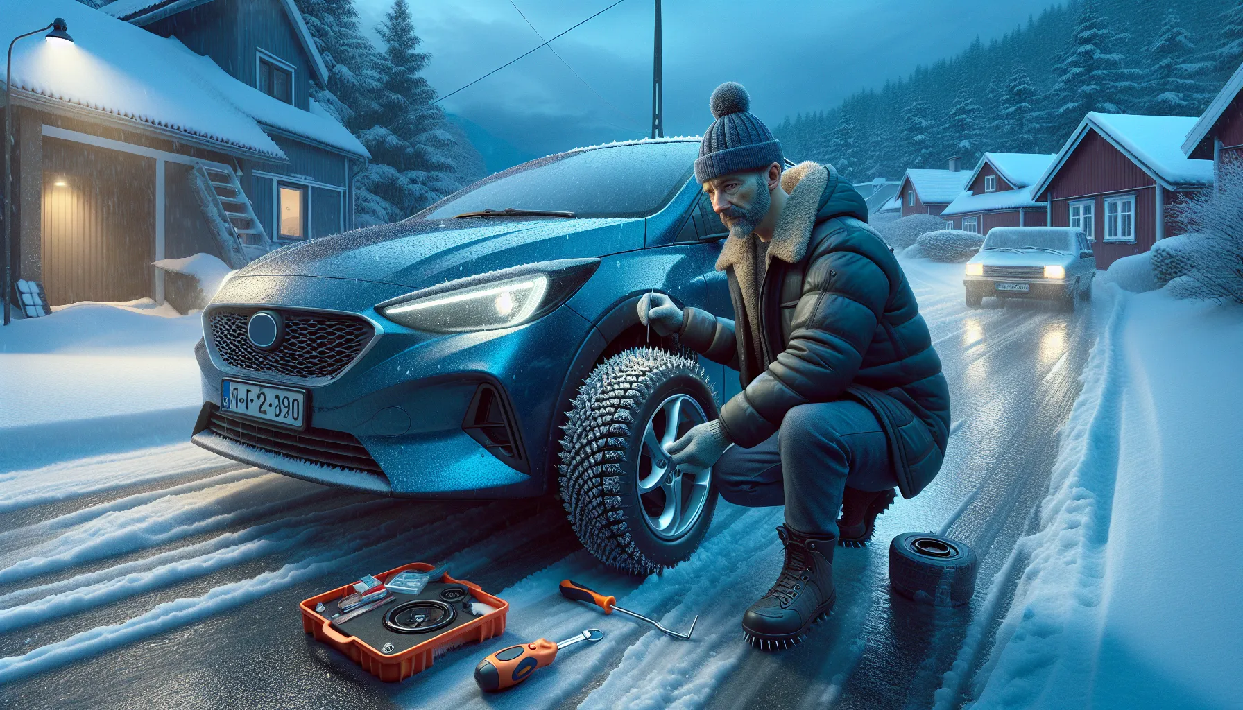 Man checks winter tires and car lights during quick winter car inspection.