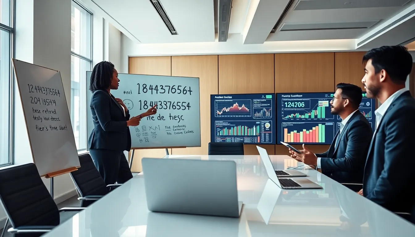 diverse team discussing the significance of the number 18443876564 in a modern office.