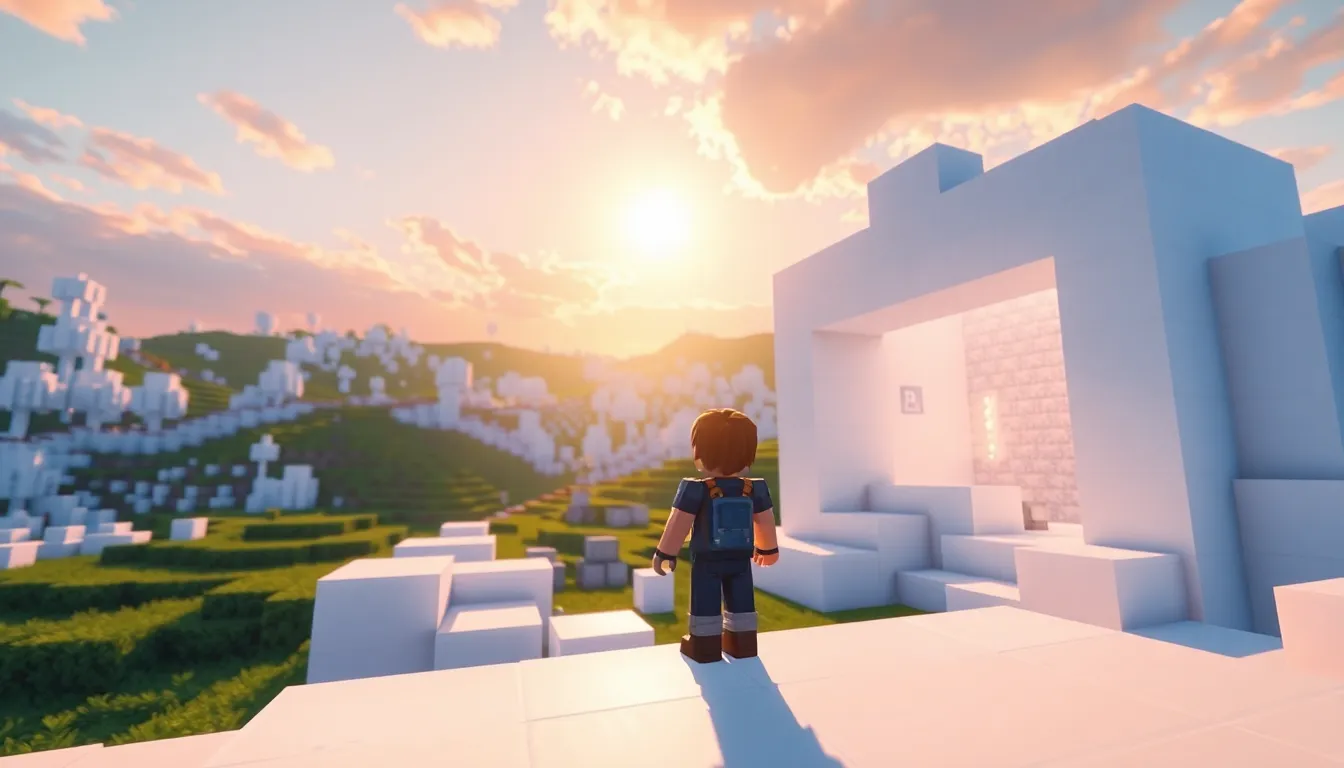 Minecraft landscape featuring various white blocks at sunset.