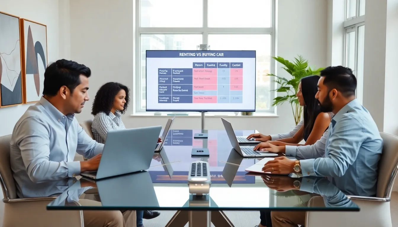 diverse professionals discussing car renting vs buying in a modern office.