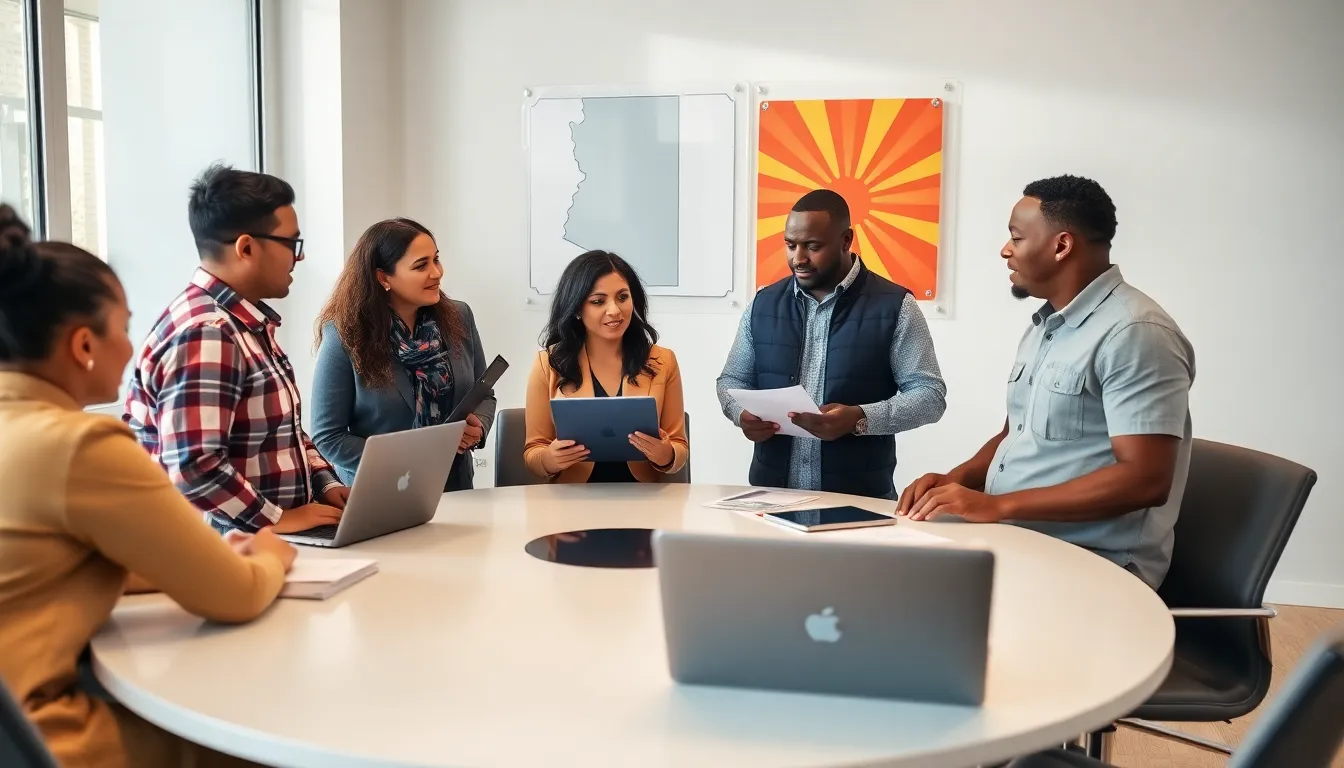 Veterans discussing VA loans in a modern office.
