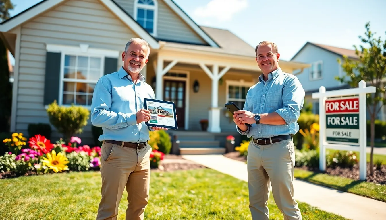 A man using a tablet in front of a well-kept suburban home.