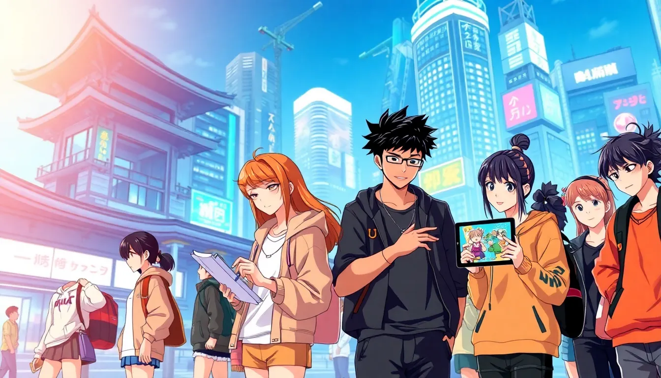 diverse anime characters in a futuristic cityscape setting.