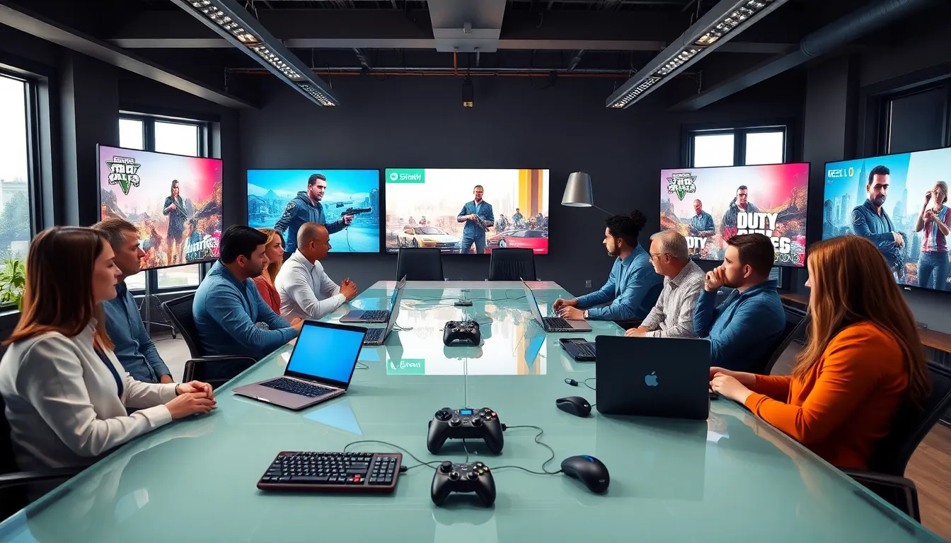 diverse team discussing gaming news in a modern office.