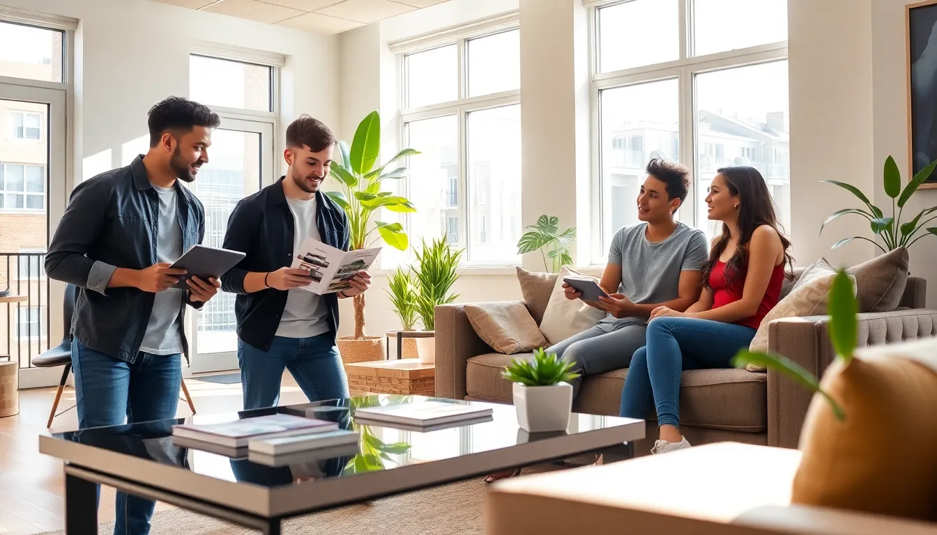 diverse students discussing off-campus housing in a modern apartment.