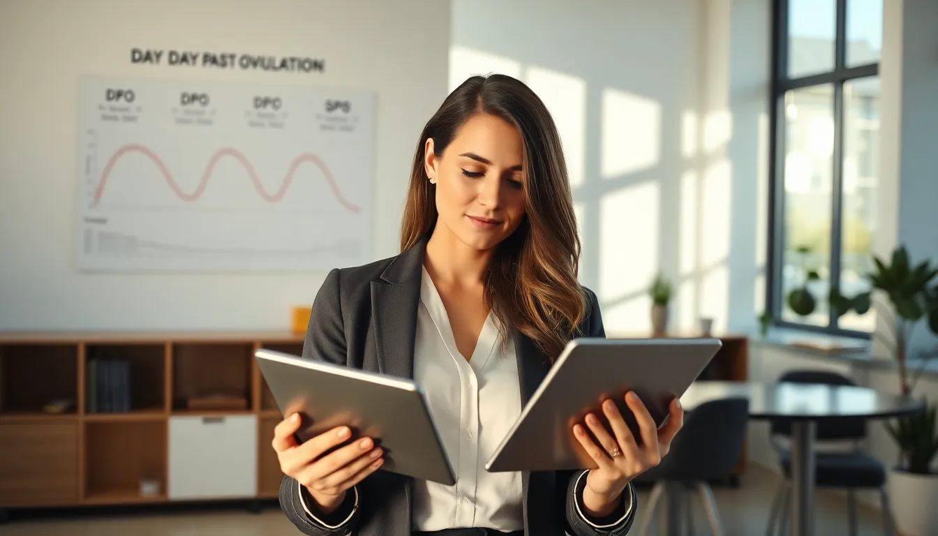 woman analyzing fertility data in a modern office setting.