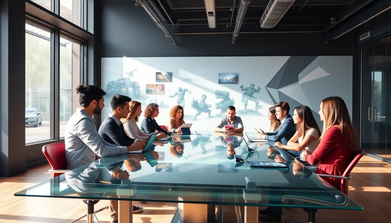 diverse team collaborating in a creative game development office.