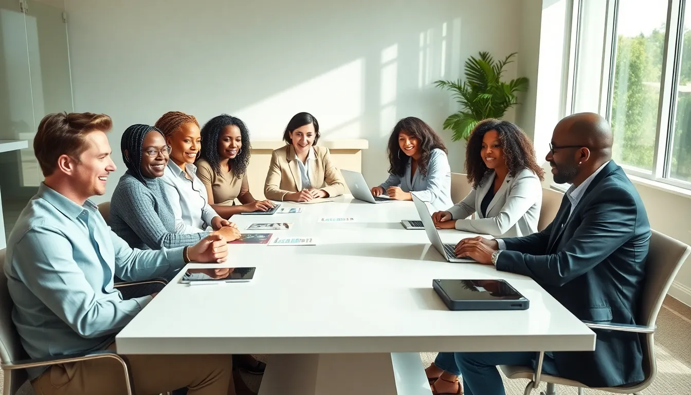diverse team discussing mental health in a modern office.