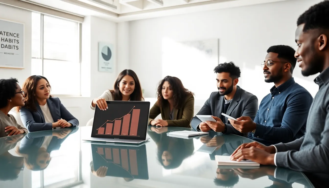 professionals discussing personal development strategies in a modern office.