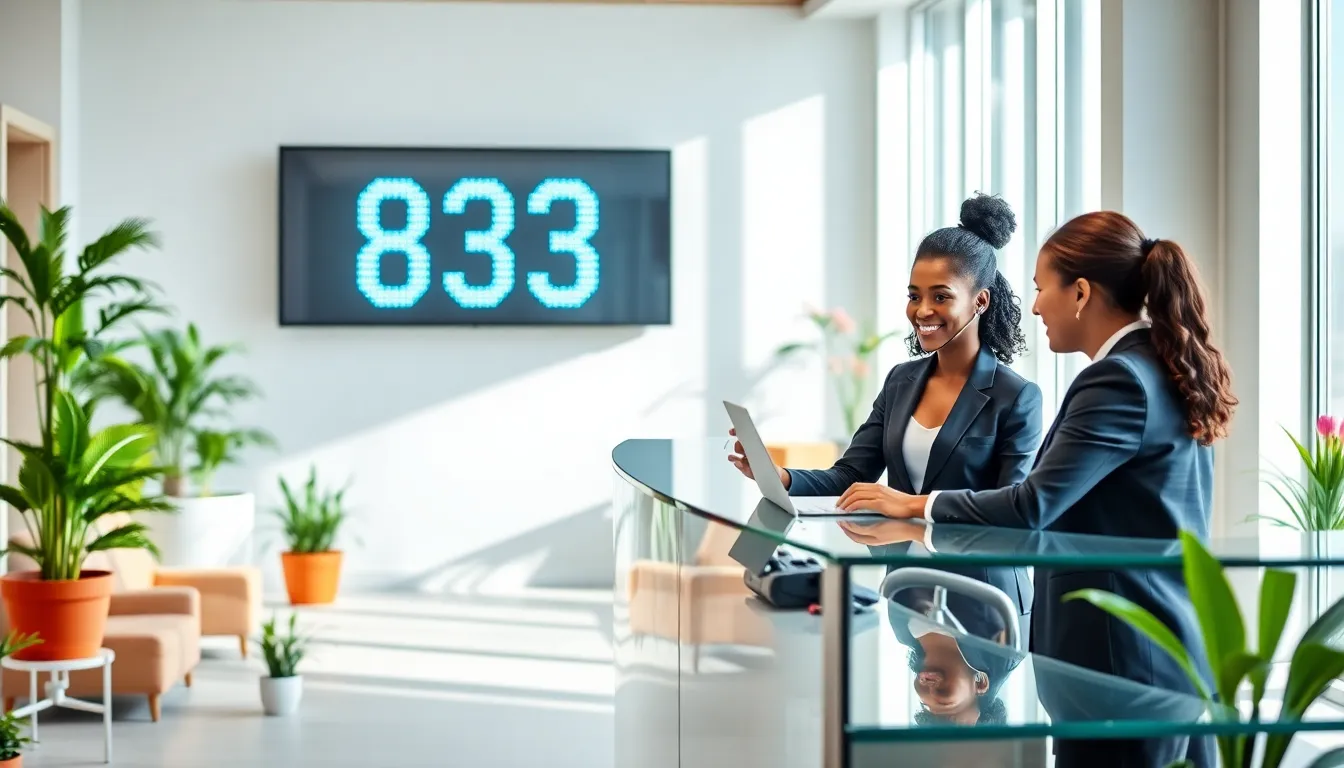 customer service representative in a modern office setting with an 833 display.