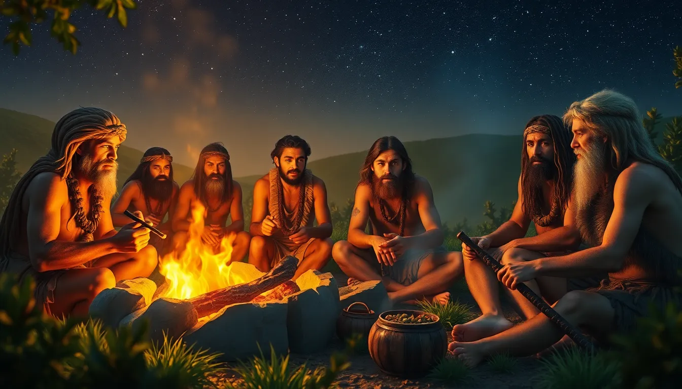 early humans cooking and sharing stories around a fire in a prehistoric landscape.
