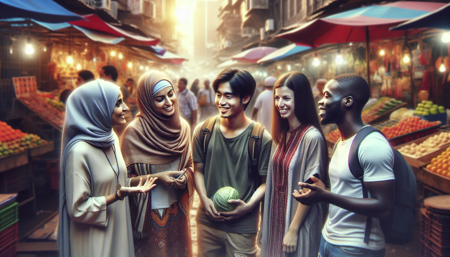 diverse travelers enjoying sounds in a busy urban marketplace.