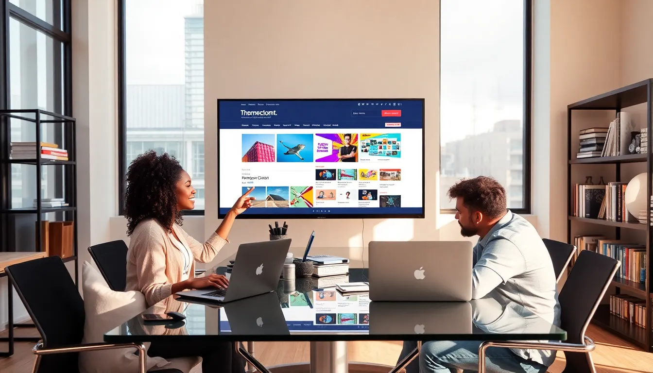 diverse web designers collaborating over laptop themes at an office.