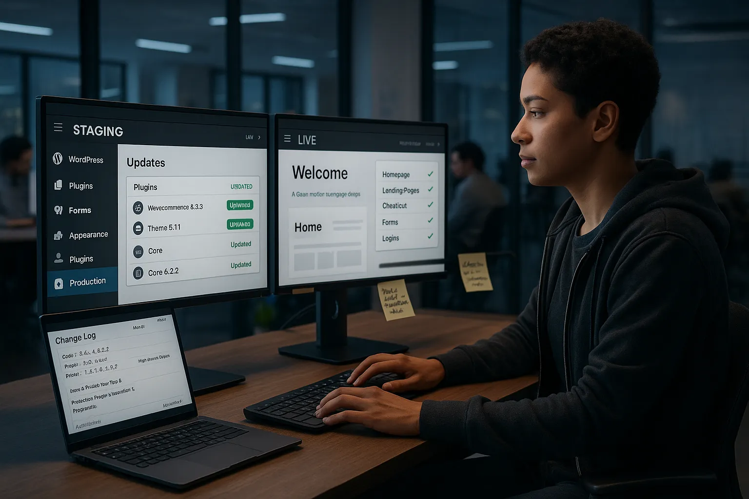 Web specialist testing WordPress staging updates beside live site and detailed change log.