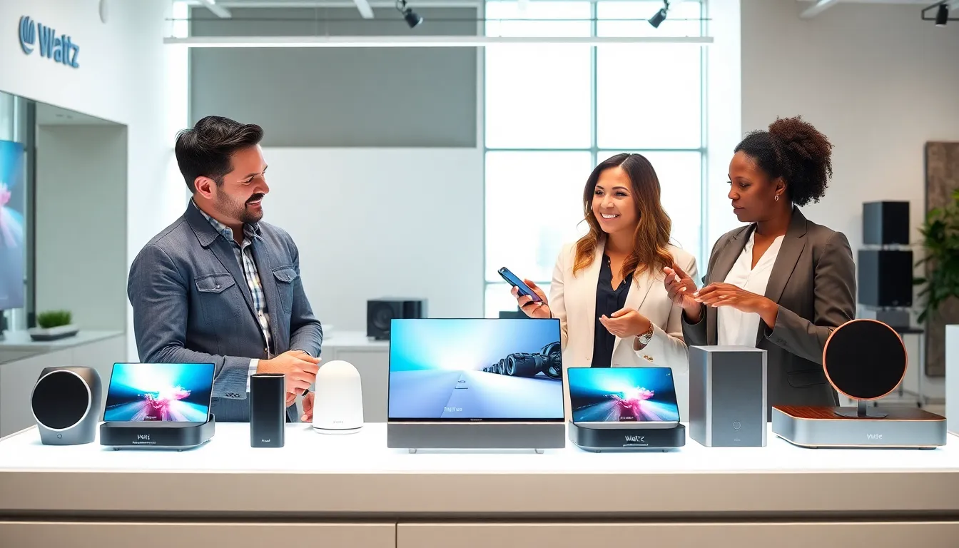 diverse professionals interacting with Wattz consumer electronics in a sleek office.