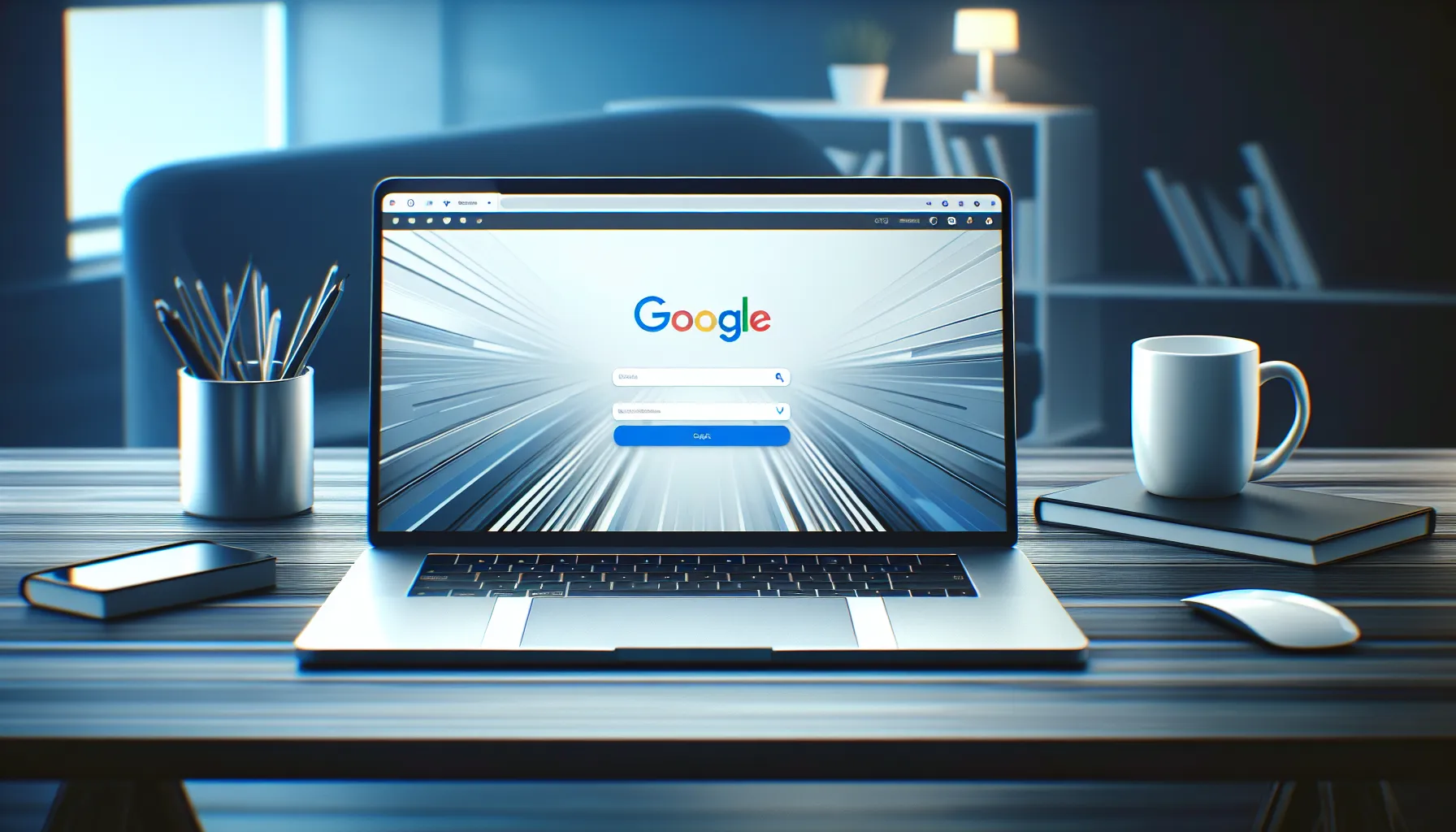 A laptop showing the Google Chrome browser setup on a desk.