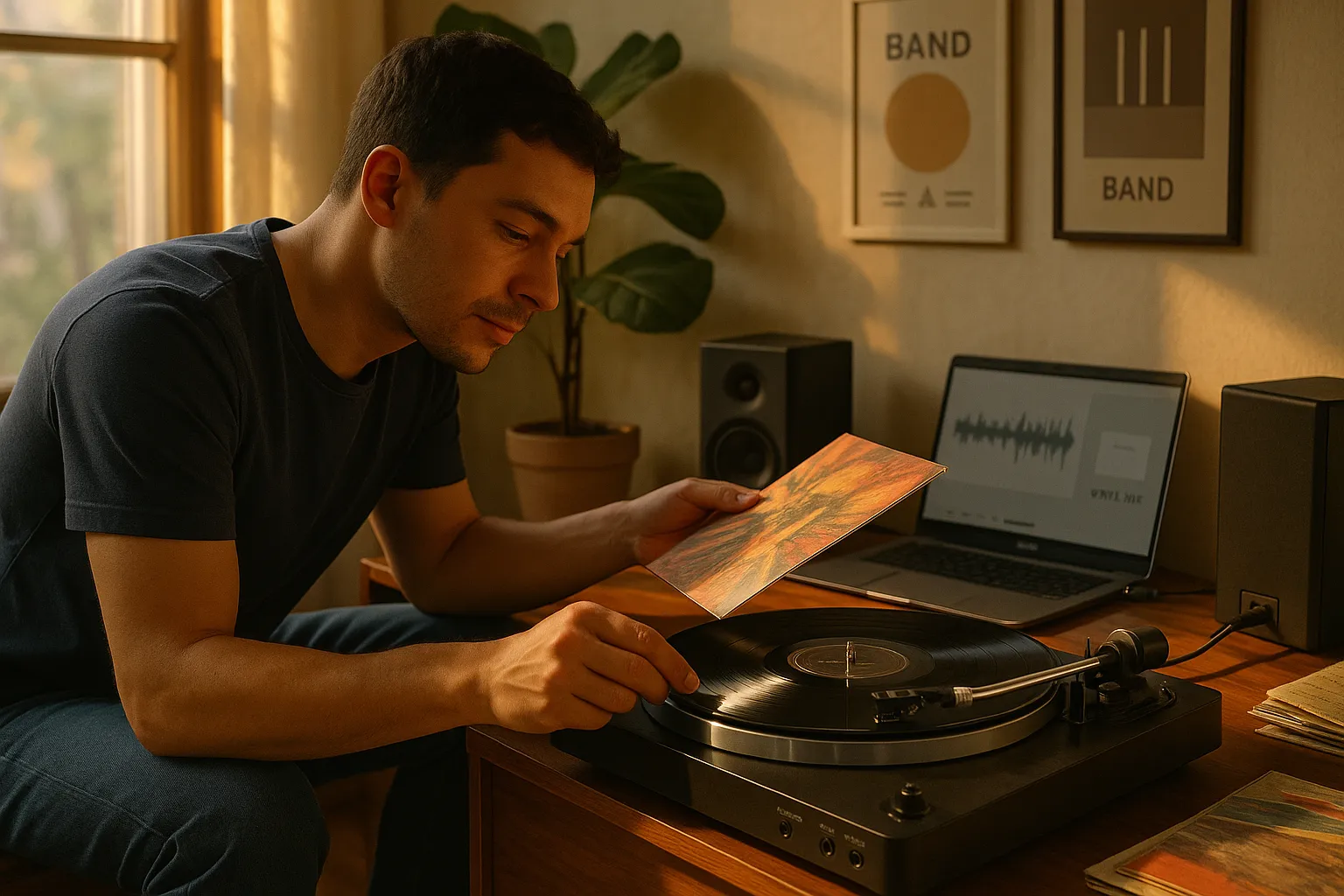 Person cueing a beginner turntable beside stacked records and a laptop.