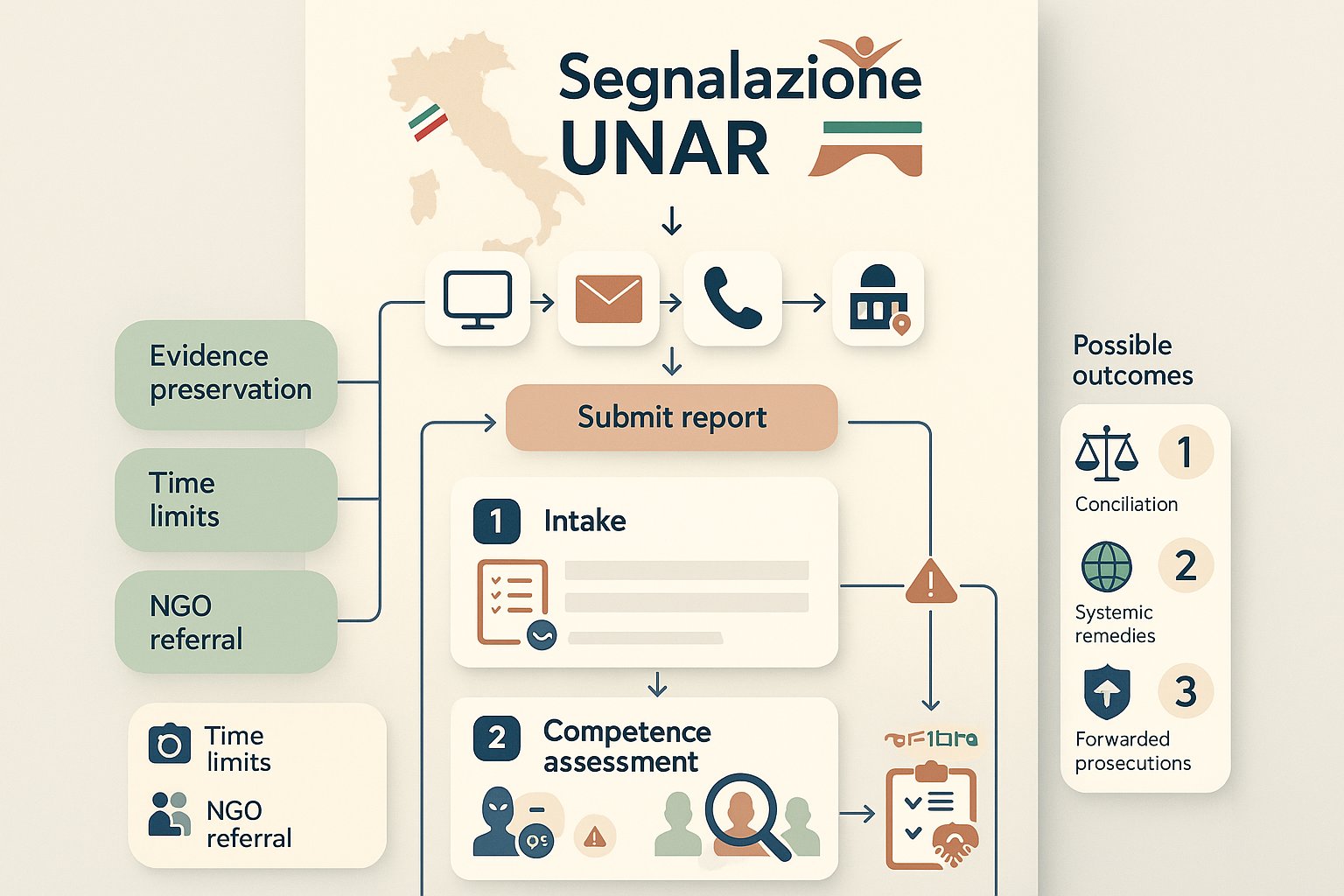 Diagramma di flusso del processo di Segnalazione UNAR e possibili esiti in Italia.