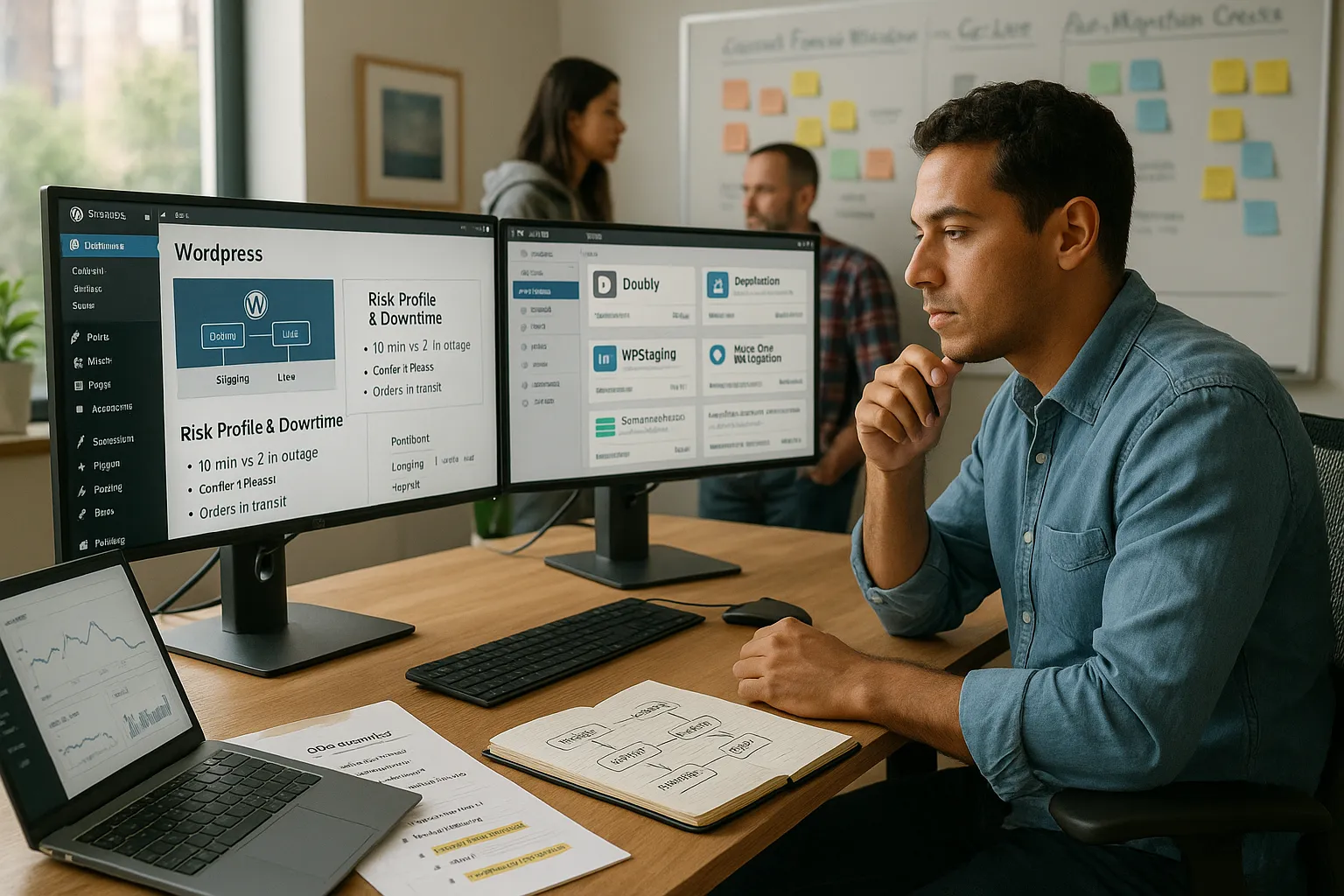 Web developer evaluating WordPress migration plugins with risk checklist on dual monitors.