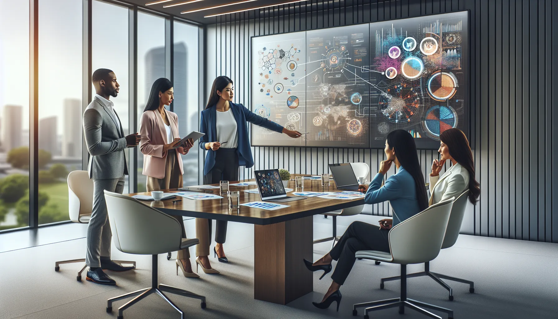 diverse professionals discussing concepts in a modern conference room.