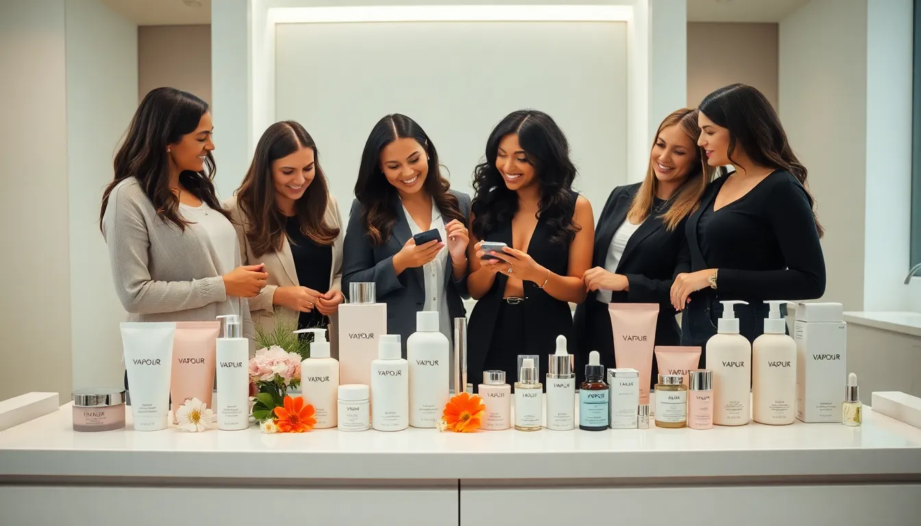 Vapour Beauty products displayed on a minimalist vanity with diverse professionals.