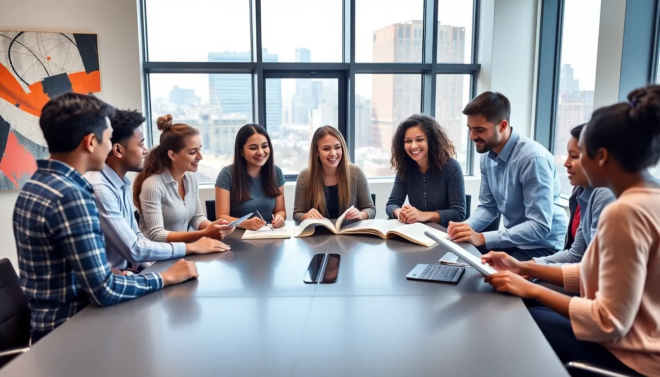 diverse students collaborating in a modern NYC classroom.