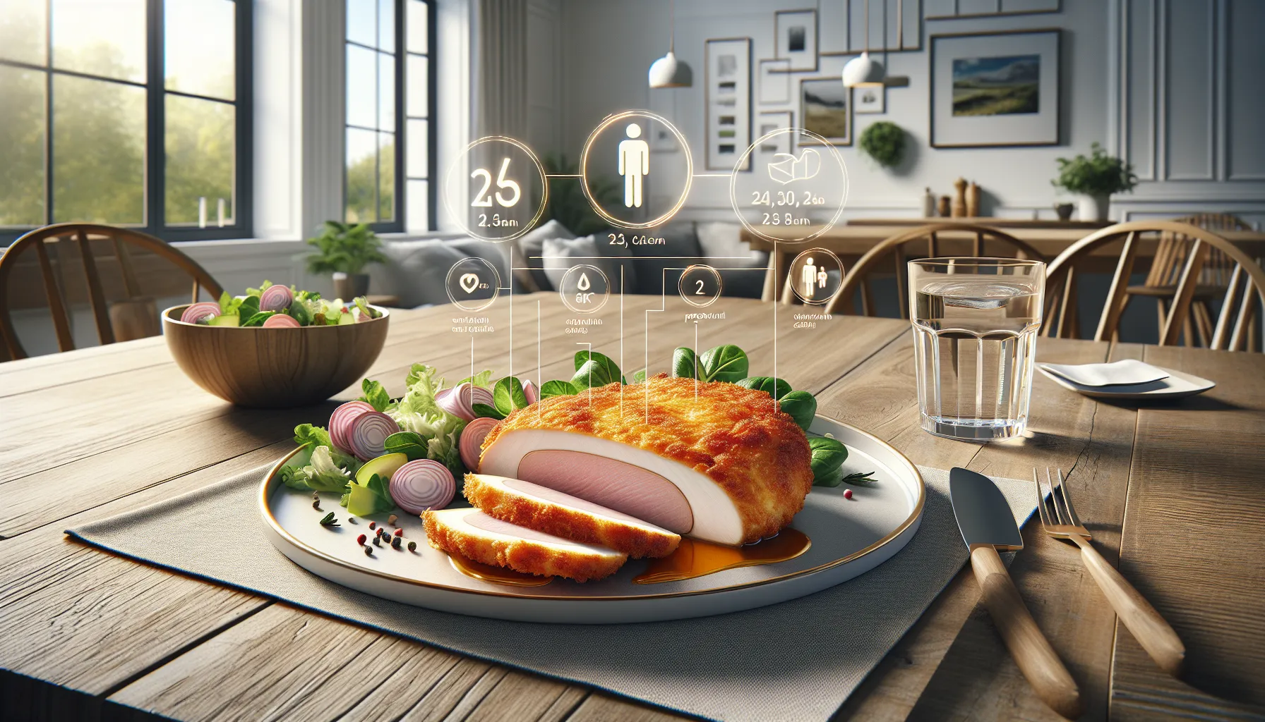 Sliced cordon bleu with cheese and salad on a modern plate.