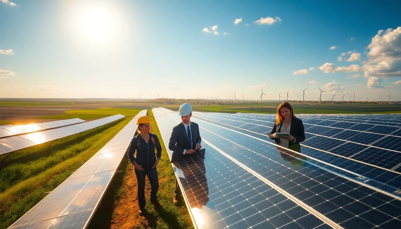 diverse engineers collaborating at a solar power farm in the United States.