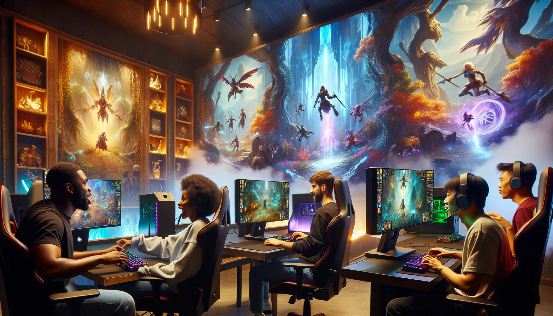 diverse gamers engaged in immersive Darkwarfall gameplay in a modern setting.