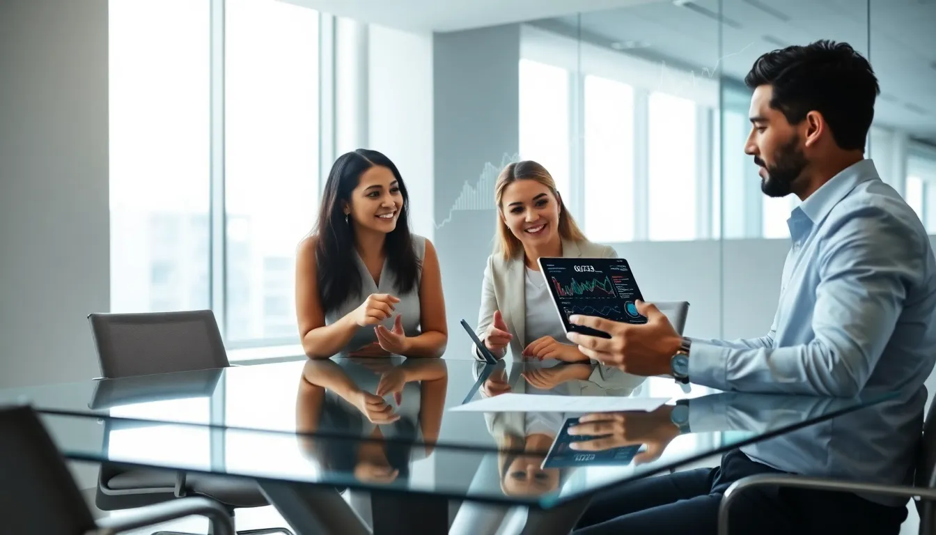 diverse team collaborating on financial data analysis in a modern office.