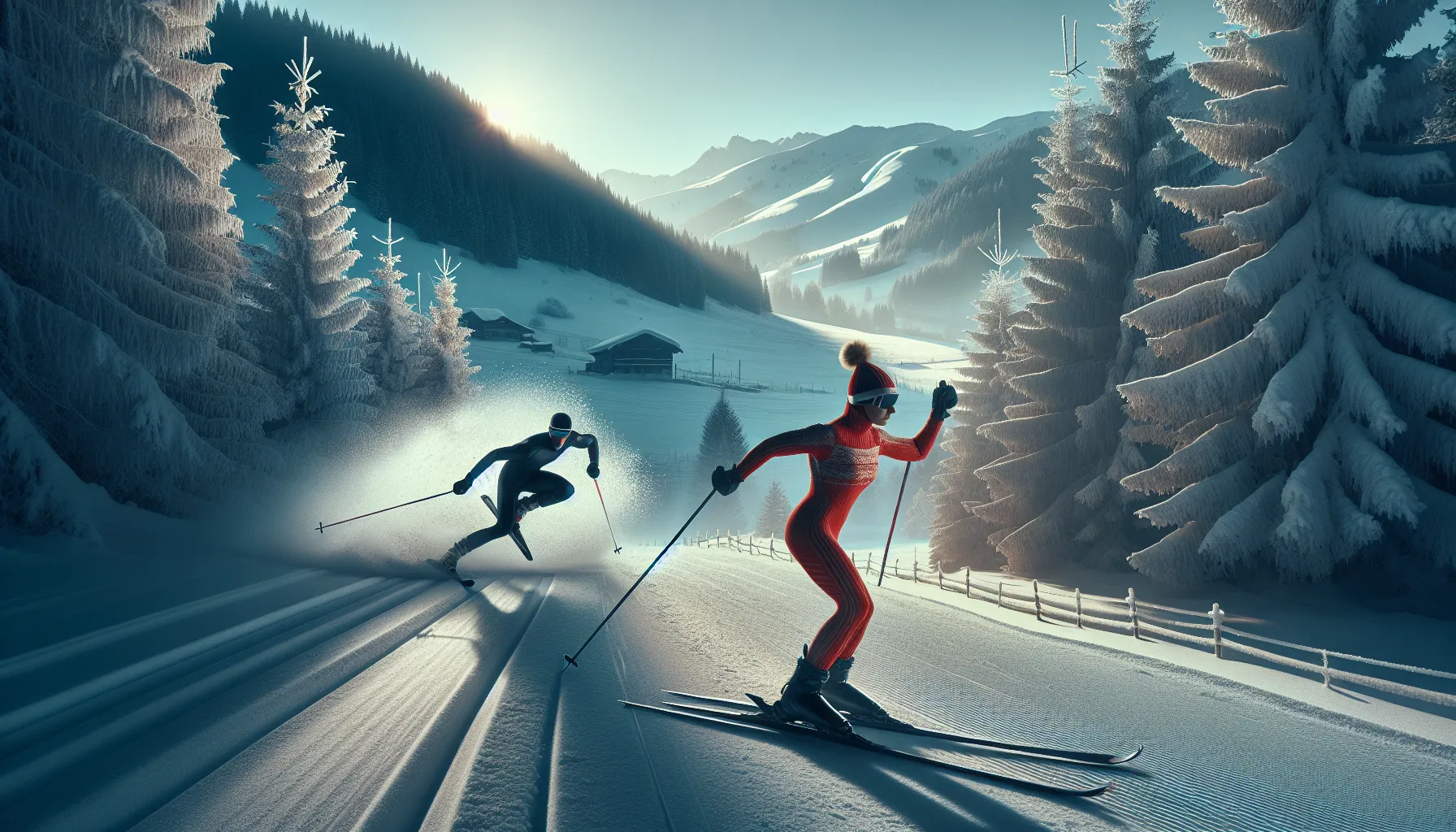 Contrast of cross-country and downhill skiing in a snowy mountain setting.