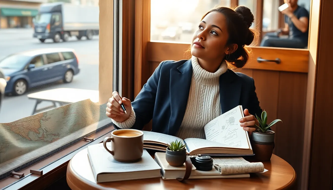 A thoughtful person at a cafe table with notebook, camera, and coffee.